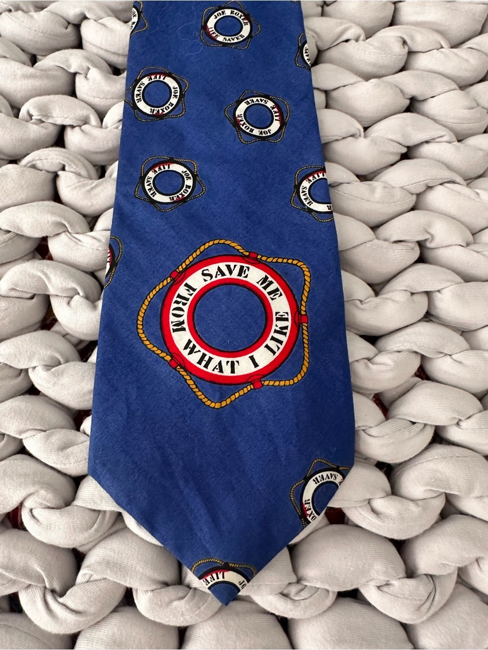 Joe Boxer Blue Silk Tie with Red, White and Gold Life-Ring Motif